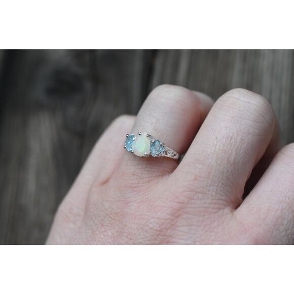 Aquamarine and opal engagement ring sterling silver size 3 4 5 6 7 8 9 10 11 12 - Picture 2 of 5